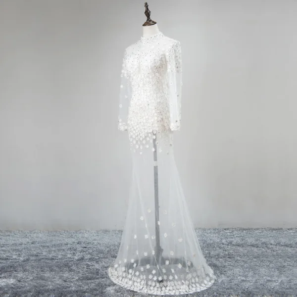 Modern / Fashion White See-through Evening Dresses 2018 Trumpet / Mermaid High Neck Long Sleeve Appliques Lace Flower Rhinestone Floor-Length / Long Formal Dresses