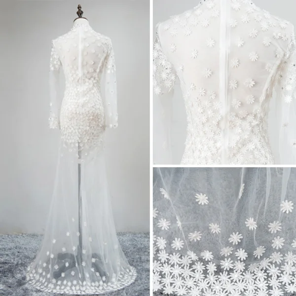 Modern / Fashion White See-through Evening Dresses 2018 Trumpet / Mermaid High Neck Long Sleeve Appliques Lace Flower Rhinestone Floor-Length / Long Formal Dresses