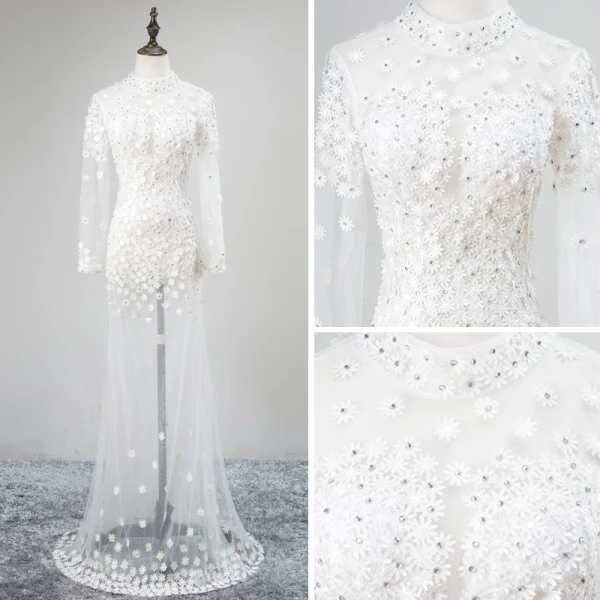 Modern / Fashion White See-through Evening Dresses 2018 Trumpet / Mermaid High Neck Long Sleeve Appliques Lace Flower Rhinestone Floor-Length / Long Formal Dresses