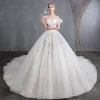 Affordable Ivory Wedding Dresses 2018 Ball Gown Off-The-Shoulder Short Sleeve Backless Appliques Lace Glitter Tulle Cathedral Train Ruffle