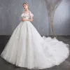 Affordable Ivory Wedding Dresses 2018 Ball Gown Off-The-Shoulder Short Sleeve Backless Appliques Lace Glitter Tulle Cathedral Train Ruffle