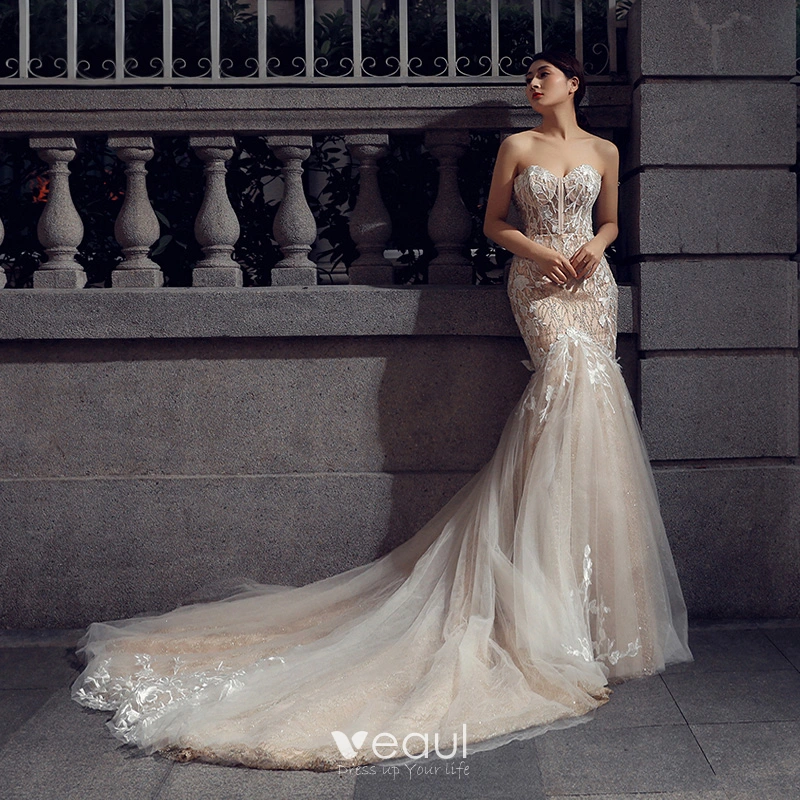 Mermaid Strap Champagne Overskirt Court Lace Tulle Wedding Dress -  Princessly