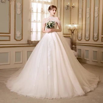 Elegant See Through Champagne Wedding Dresses 2018 A Line Princess High Neck Strapless Sleeveless Appliques Lace Beading Cathedral Train Ruffle