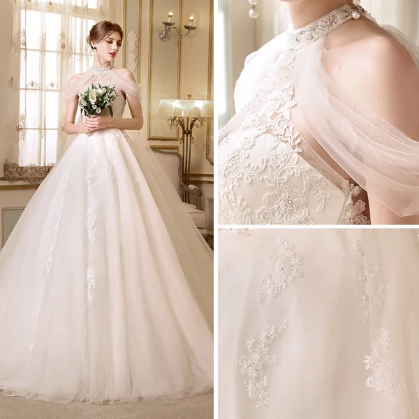 Elegante Durchsichtige Champagner Brautkleider 2018 A Linie Stehkragen Bandeau Ärmellos Applikationen Mit Spitze Perlenstickerei Kathedrale Schleppe Rüschen