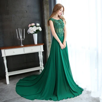 Hermoso Verde Oscuro Vestidos De Noche 2017 A Line Princess Scoop Escote Sin Mangas Apliques Flor Perla Lentejuelas Rebordear Chapel Train Ruffle Traspasado Sin Espalda Vestidos Formales