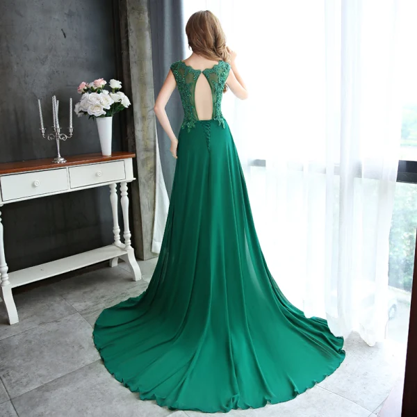 Chic / Beautiful Dark Green Evening Dresses 2017 A-Line / Princess Scoop Neck Sleeveless Appliques Flower Pearl Sequins Beading Chapel Train Ruffle Pierced Backless Formal Dresses