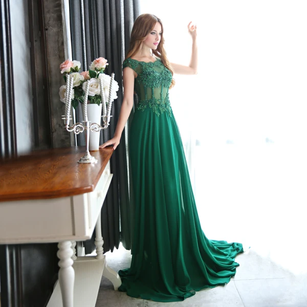 Chic / Beautiful Dark Green Evening Dresses 2017 A-Line / Princess Scoop Neck Sleeveless Appliques Flower Pearl Sequins Beading Chapel Train Ruffle Pierced Backless Formal Dresses