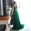 Chic / Beautiful Dark Green Evening Dresses  2017 A-Line / Princess Scoop Neck Sleeveless Appliques Flower Pearl Sequins Beading Chapel Train Ruffle Pierced Backless Formal Dresses