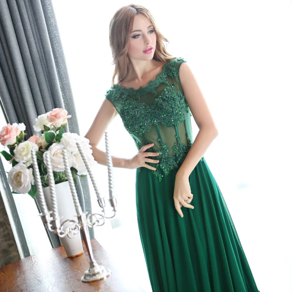 Chic / Beautiful Dark Green Evening Dresses 2017 A-Line / Princess Scoop Neck Sleeveless Appliques Flower Pearl Sequins Beading Chapel Train Ruffle Pierced Backless Formal Dresses