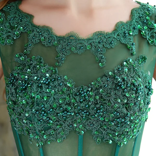 Chic / Beautiful Dark Green Evening Dresses 2017 A-Line / Princess Scoop Neck Sleeveless Appliques Flower Pearl Sequins Beading Chapel Train Ruffle Pierced Backless Formal Dresses