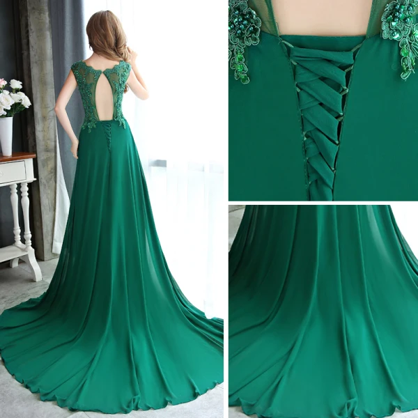 Chic / Beautiful Dark Green Evening Dresses 2017 A-Line / Princess Scoop Neck Sleeveless Appliques Flower Pearl Sequins Beading Chapel Train Ruffle Pierced Backless Formal Dresses