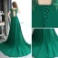 Chic / Beautiful Dark Green Evening Dresses  2017 A-Line / Princess Scoop Neck Sleeveless Appliques Flower Pearl Sequins Beading Chapel Train Ruffle Pierced Backless Formal Dresses