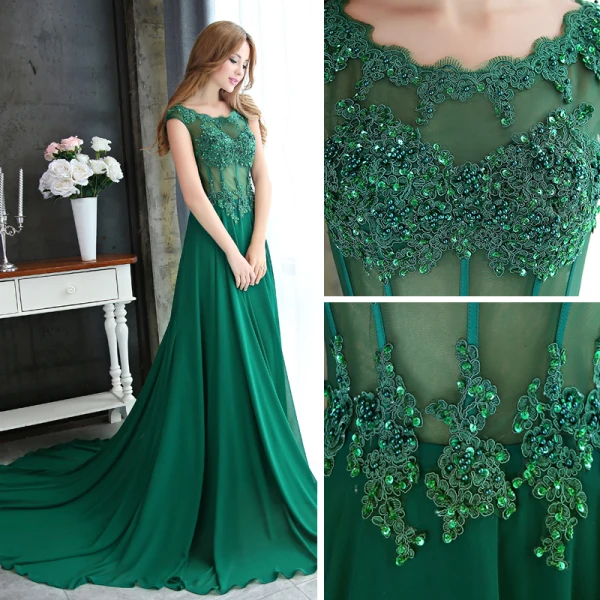 Chic / Beautiful Dark Green Evening Dresses 2017 A-Line / Princess Scoop Neck Sleeveless Appliques Flower Pearl Sequins Beading Chapel Train Ruffle Pierced Backless Formal Dresses