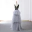 Modern / Fashion Grey Black Prom Dresses 2018 A-Line / Princess See-through Scoop Neck Sleeveless Floor-Length / Long Backless Cascading Ruffles Formal Dresses