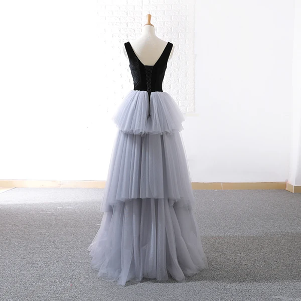 Modern / Fashion Grey Black Prom Dresses 2018 A-Line / Princess See-through Scoop Neck Sleeveless Floor-Length / Long Backless Cascading Ruffles Formal Dresses