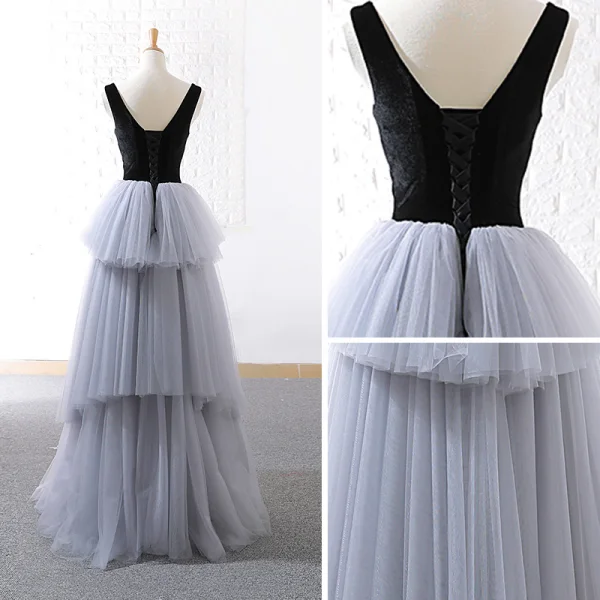 Modern / Fashion Grey Black Prom Dresses 2018 A-Line / Princess See-through Scoop Neck Sleeveless Floor-Length / Long Backless Cascading Ruffles Formal Dresses