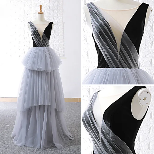 Modern / Fashion Grey Black Prom Dresses 2018 A-Line / Princess See-through Scoop Neck Sleeveless Floor-Length / Long Backless Cascading Ruffles Formal Dresses