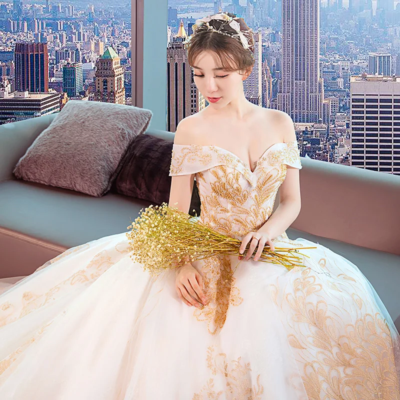 slim fit dress slacks WD5512 Ball Gown Burgundy Wedding Dress Gold Appliqued Lace Bridal Gow –  Siaoryne main image 1