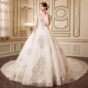 Elegant Champagne Wedding Dresses 2018 Ball Gown See Through V Neck Sleeveless Backless Appliques Lace Beading Cathedral Train Ruffle