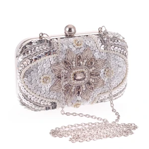 Mode Silber Perlenstickerei Perle Strass Pailletten Metall Clutch Tasche 2018
