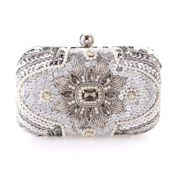 Moderne / Mode Argenté Perlage Perle Faux Diamant Paillettes Métal Pochette 2018