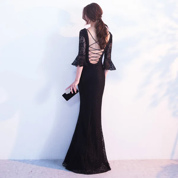 Modern / Fashion Black Evening Dresses 2017 Trumpet / Mermaid Pearl V-Neck 3/4 Sleeve Floor-Length / Long Ruffle Backless Formal Dresses