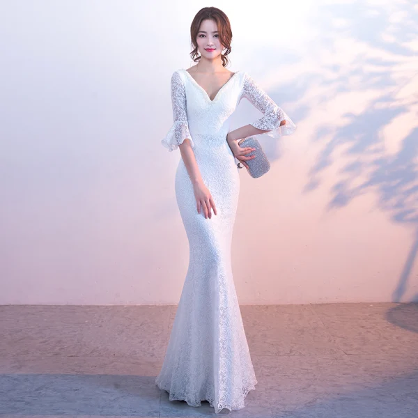 Modern / Fashion Black Evening Dresses 2017 Trumpet / Mermaid Pearl V-Neck 3/4 Sleeve Floor-Length / Long Ruffle Backless Formal Dresses