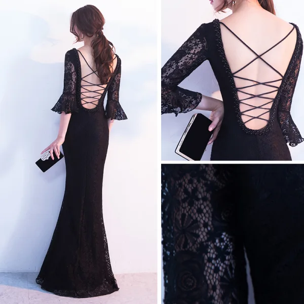 Modern / Fashion Black Evening Dresses 2017 Trumpet / Mermaid Pearl V-Neck 3/4 Sleeve Floor-Length / Long Ruffle Backless Formal Dresses