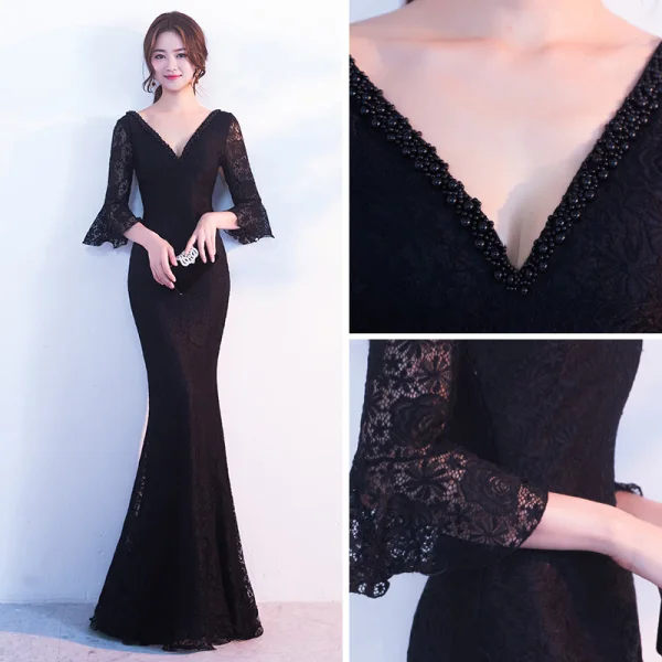 Modern / Fashion Black Evening Dresses 2017 Trumpet / Mermaid Pearl V-Neck 3/4 Sleeve Floor-Length / Long Ruffle Backless Formal Dresses