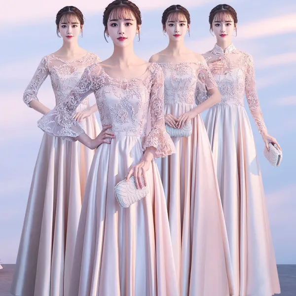 Niedrogie Szampan Przebili Sukienki Dla Druhen 2018 Princessa Aplikacje Z Koronki Długie Wzburzyć Bez Pleców Sukienki Na Wesele