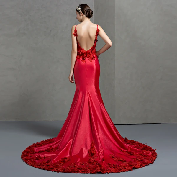 Charmant Rouge Robe De Soirée 2018 Trompette / Sirène Bretelles Spaghetti Sans Manches Appliques En Dentelle Fleur Chapel Train Volants Dos Nu Robe De Ceremonie