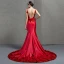 Charmant Rouge Robe De Soirée 2018 Trompette / Sirène Bretelles Spaghetti Sans Manches Appliques En Dentelle Fleur Chapel Train Volants Dos Nu Robe De Ceremonie