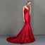 Charmant Rouge Robe De Soirée 2018 Trompette / Sirène Bretelles Spaghetti Sans Manches Appliques En Dentelle Fleur Chapel Train Volants Dos Nu Robe De Ceremonie