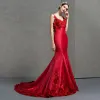 Charming Red Evening Dresses  2018 Trumpet / Mermaid Spaghetti Straps Sleeveless Appliques Lace Flower Chapel Train Ruffle Backless Formal Dresses