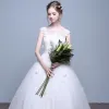 Chic / Beautiful Church Wedding Dresses 2017 Lace Appliques Crystal Sash Scoop Neck Sleeveless Backless Chapel Train White Ball Gown