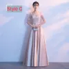 Asequible Champán Traspasado Vestidos De Damas De Honor 2018 A-Line / Princess Apliques Con Encaje Largos Ruffle Sin Espalda Vestidos para bodas