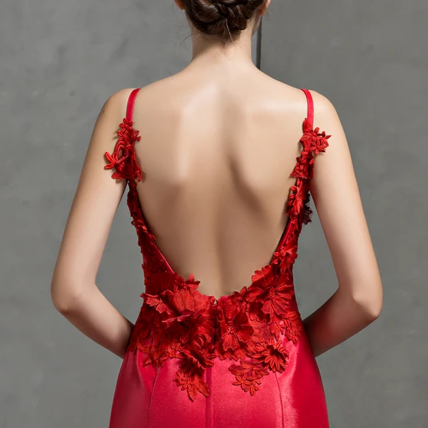 Charmant Rouge Robe De Soirée 2018 Trompette / Sirène Bretelles Spaghetti Sans Manches Appliques En Dentelle Fleur Chapel Train Volants Dos Nu Robe De Ceremonie
