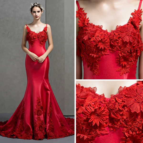 Charmant Rouge Robe De Soirée 2018 Trompette / Sirène Bretelles Spaghetti Sans Manches Appliques En Dentelle Fleur Chapel Train Volants Dos Nu Robe De Ceremonie