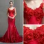 Charmant Rouge Robe De Soirée 2018 Trompette / Sirène Bretelles Spaghetti Sans Manches Appliques En Dentelle Fleur Chapel Train Volants Dos Nu Robe De Ceremonie