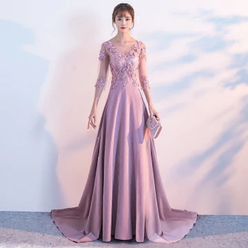 Elegant Candy Pink Evening Dresses 2017 A Line Princess Scoop Neck 3 4 Sleeve Appliques Flower Pearl Sequins Chapel Train Ruffle Pierced Backless Formal Dresses