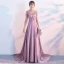 Elegant Candy Pink Evening Dresses  2017 A-Line / Princess Scoop Neck 3/4 Sleeve Appliques Flower Pearl Sequins Chapel Train Ruffle Pierced Backless Formal Dresses