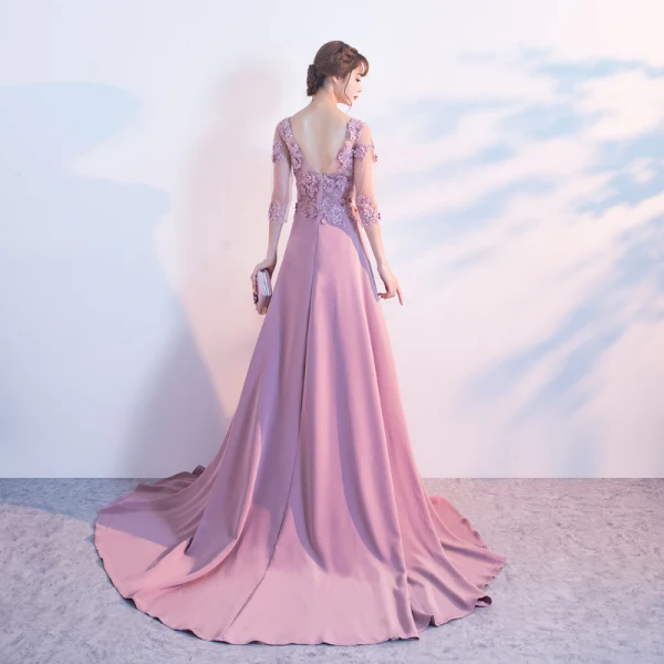 Elegant Candy Pink Evening Dresses 2017 A-Line / Princess Scoop Neck 3/4 Sleeve Appliques Flower Pearl Sequins Chapel Train Ruffle Pierced Backless Formal Dresses