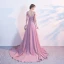 Elegant Candy Pink Evening Dresses  2017 A-Line / Princess Scoop Neck 3/4 Sleeve Appliques Flower Pearl Sequins Chapel Train Ruffle Pierced Backless Formal Dresses