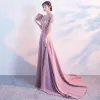 Elegant Candy Pink Evening Dresses  2017 A-Line / Princess Scoop Neck 3/4 Sleeve Appliques Flower Pearl Sequins Chapel Train Ruffle Pierced Backless Formal Dresses