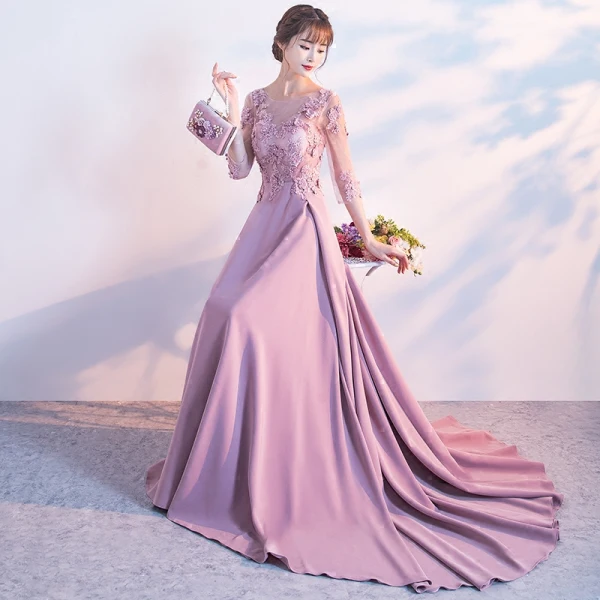 Elegant Candy Pink Evening Dresses 2017 A-Line / Princess Scoop Neck 3/4 Sleeve Appliques Flower Pearl Sequins Chapel Train Ruffle Pierced Backless Formal Dresses