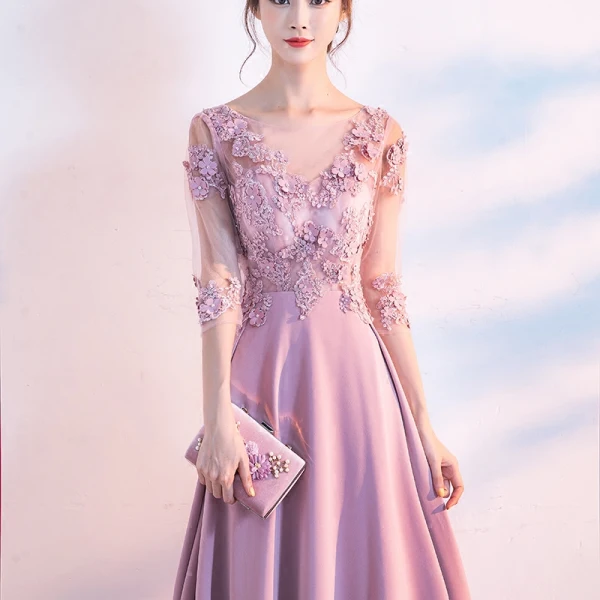 Elegant Candy Pink Evening Dresses 2017 A-Line / Princess Scoop Neck 3/4 Sleeve Appliques Flower Pearl Sequins Chapel Train Ruffle Pierced Backless Formal Dresses