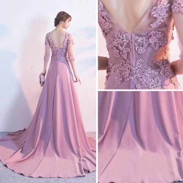 Elegant Candy Pink Evening Dresses 2017 A-Line / Princess Scoop Neck 3/4 Sleeve Appliques Flower Pearl Sequins Chapel Train Ruffle Pierced Backless Formal Dresses
