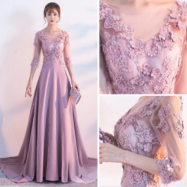 Elegant Candy Pink Evening Dresses 2017 A-Line / Princess Scoop Neck 3/4 Sleeve Appliques Flower Pearl Sequins Chapel Train Ruffle Pierced Backless Formal Dresses