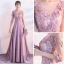 Elegant Candy Pink Evening Dresses  2017 A-Line / Princess Scoop Neck 3/4 Sleeve Appliques Flower Pearl Sequins Chapel Train Ruffle Pierced Backless Formal Dresses