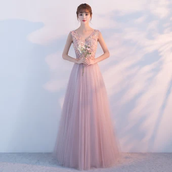 Elegantes Perla Rosada Vestidos De Noche 2017 A Line Princess V Cuello Sin Mangas Apliques Flor Largos Ruffle Sin Espalda Vestidos Formales